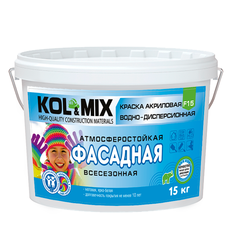 КРАСКА АКРИЛОВАЯ АТМОСФЕРОСТОЙКАЯ ФАСАДНАЯ KOL&MIX 15кг